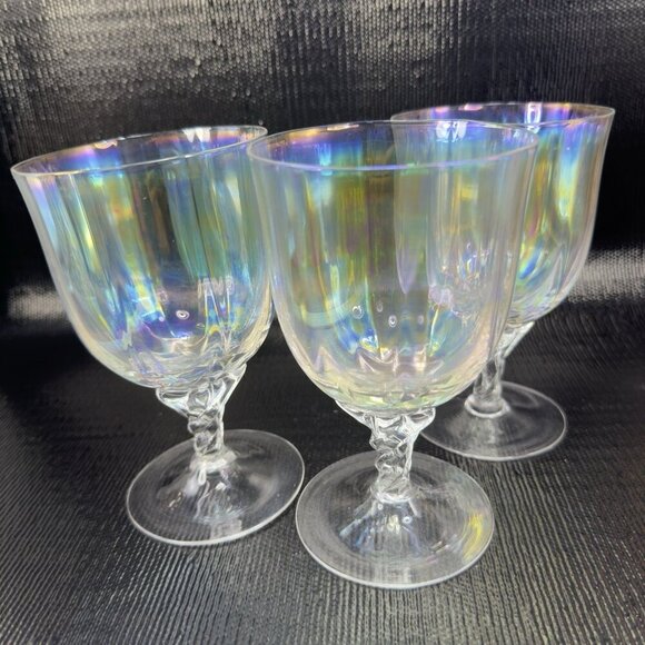 Vintage Iridescent Glass Footed Glasses Cups Drinking Goblets Twisted Stem Set 3 - Picture 1 of 12